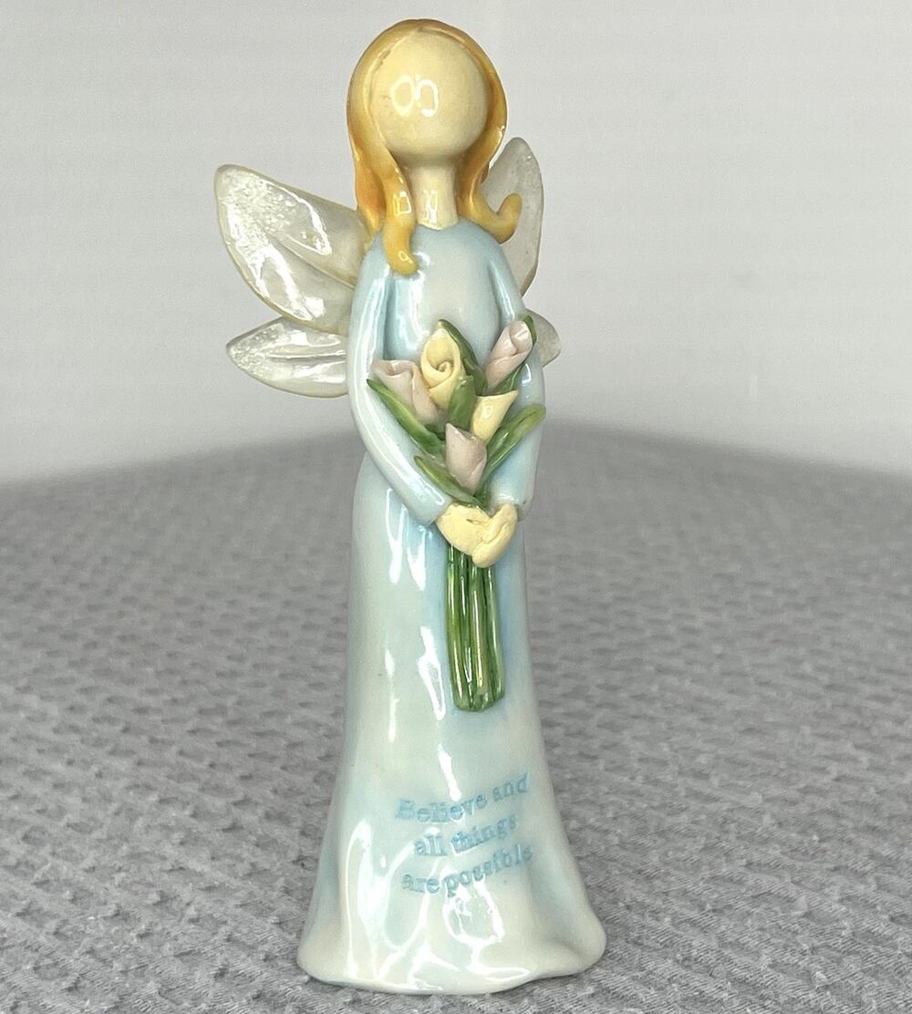 Believe Angel Figurine Flowers Iridescent Wings Inspirational Ceramic 5.75”